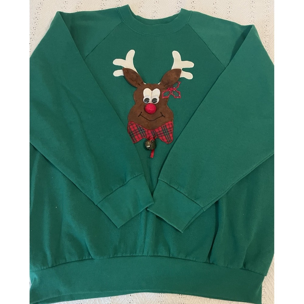 Fruit of the Loom Sweatshirt L Green, Christmas, Vintage, Reindeer, Ugly Sweater